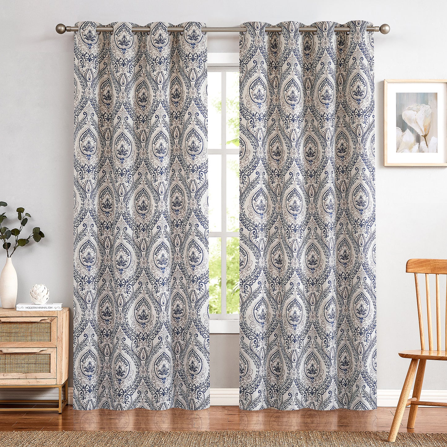 Curtainking Damask Printed Curtains for Bedroom Living Room Linen Textured Thermal Insulated Curtains Grommet 2 Panels