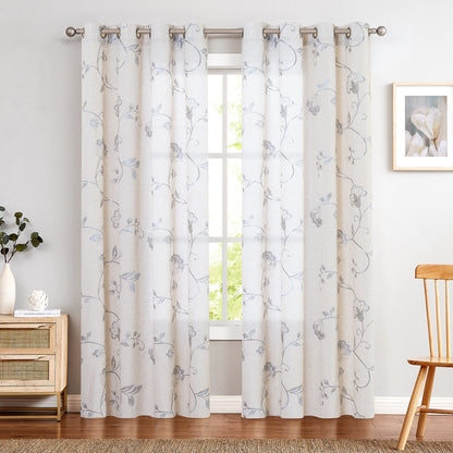 Curtainking Linen Curtains Floral Embroidery Farmhouse Light Filtering Grommet Curtain Panels 2 Pcs