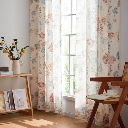 CURTAINKING Farmhouse Linen Curtains for Living Room Bedroom Floral Patterned Light Filtering Linen Blend Curtain Burlap Effect Drape Window Treatments 2 Panels