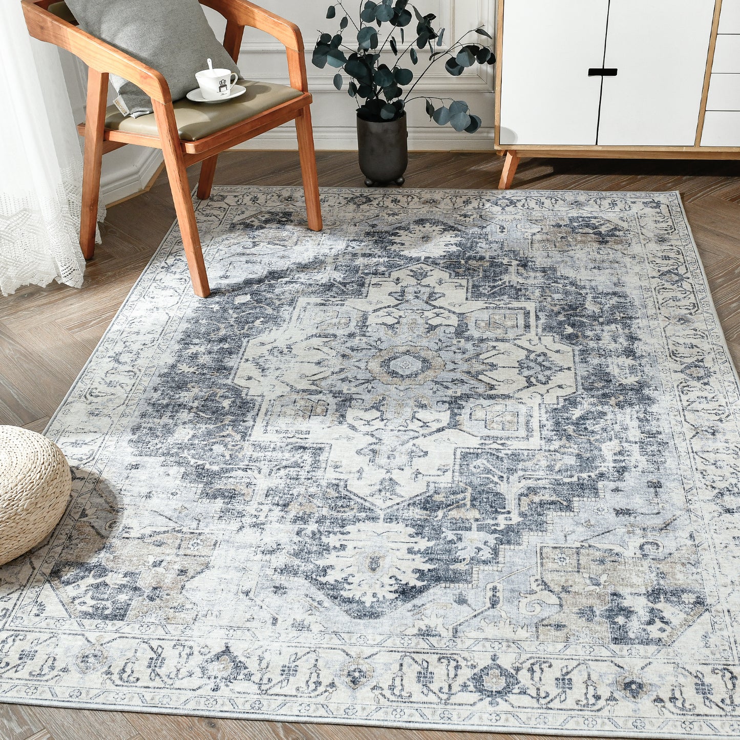 Jinchan Vintage Distressed Medallion Grey Foldable Living Room Area Rug