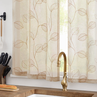 Curtainking Kitchen Curtains Leaf Embroidered Sheer Kitchen Windows Small Cafe Curtains Rod Pocket 2 Panels