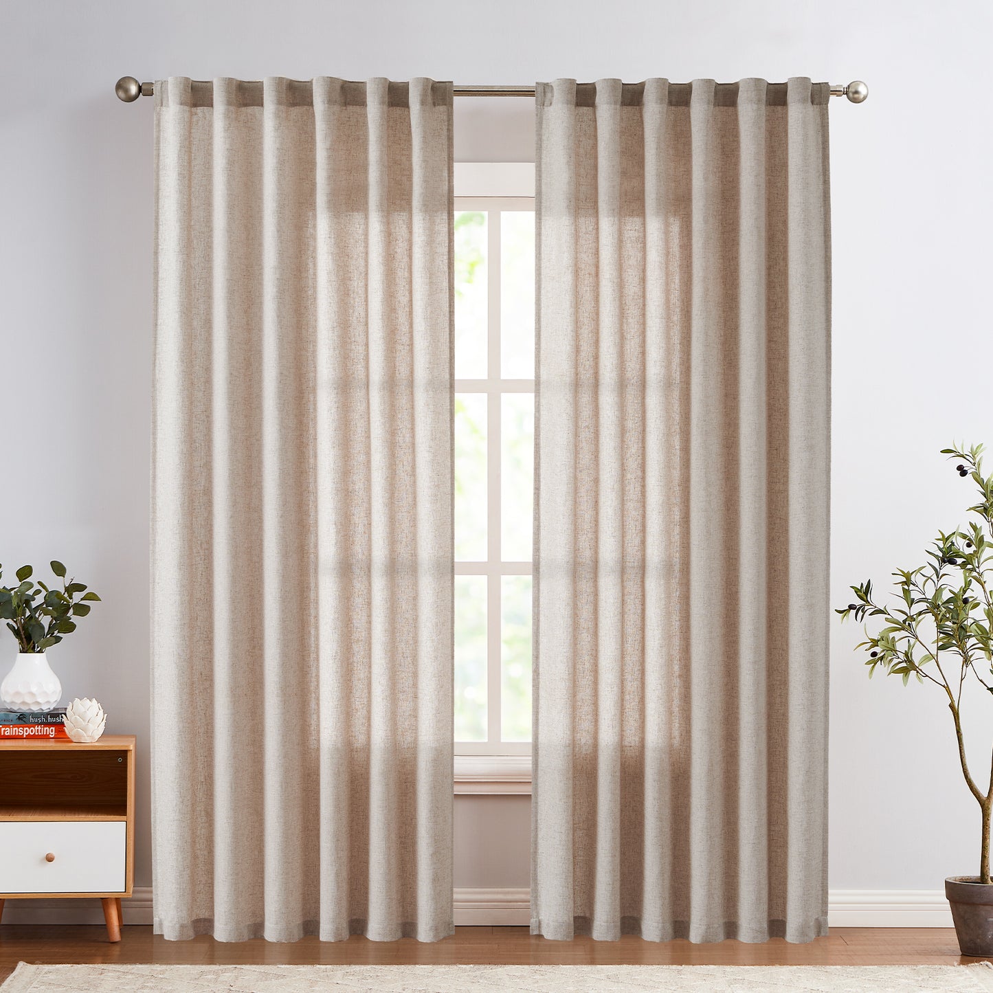 Curtainking Back Tab Curtains Light Filtering Curtains Living Room Bedroom Drapes Rod Pocket Linen Farmhouse Curtains Pack of 2