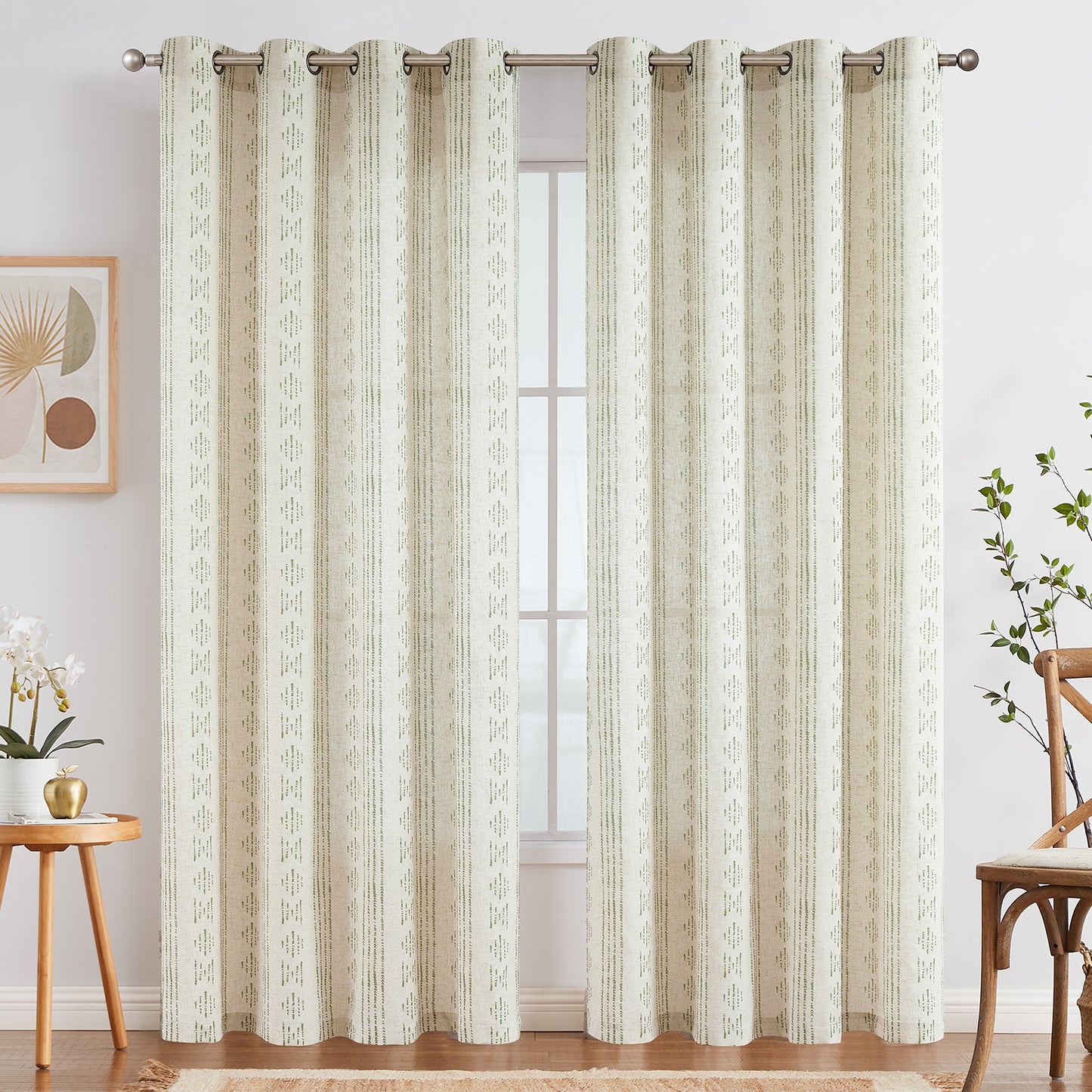 Curtainking Linen Blend Curtains Light Filtering Geometric Striped Boho Farmhouse Grommet Curtains for Living Room Pack of 2