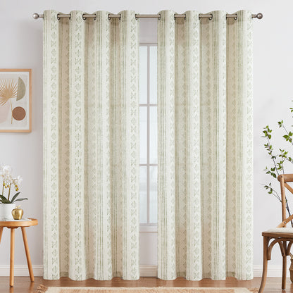 Curtainking Linen Blend Curtains Light Filtering Geometric Striped Boho Farmhouse Grommet Curtains for Living Room Pack of 2