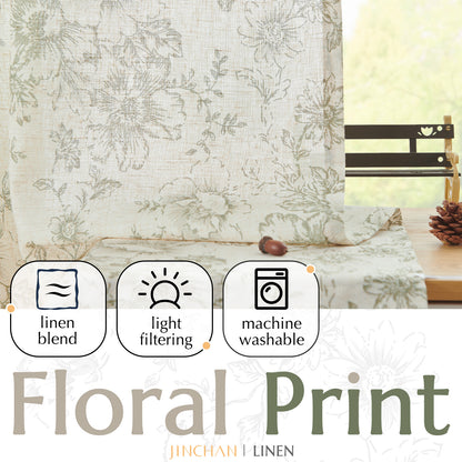 CURTAINKING Linen Curtains Floral Curtains for Living Room Curtains Rod Pocket Back Tab Farmhouse Peony Flower Patterned Drapes Bedroom Window Curtain Set 2 Panels