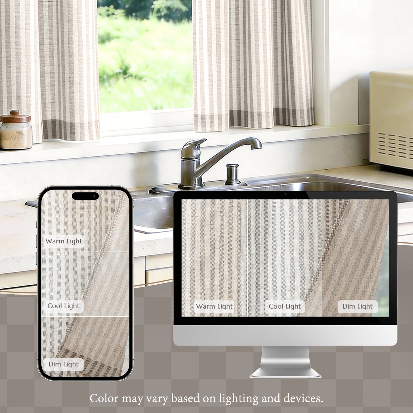 TOPICK Striped Kitchen Curtains and Valance Set Small Linen Curtains for Cafe Living Room Bathroom Farmhouse 3 Pieces Set Rod Pocket