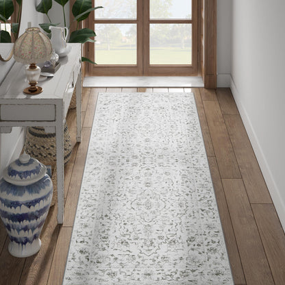 RUGKING Grey Vintage Area Rug Floral Carpet Distressed Mat, Foldable Non Slip Accent Rug for Kitchen Living Room