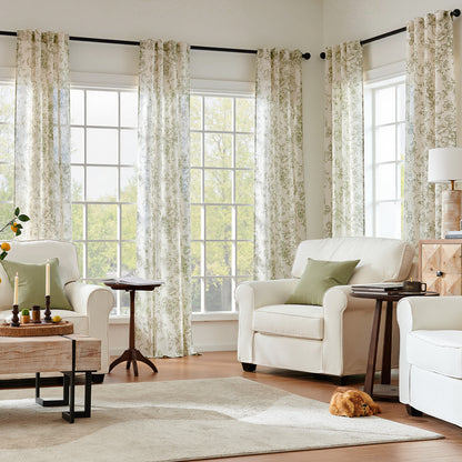 CURTAINKING Linen Curtains Floral Curtains for Living Room Printed Curtains Rod Pocket Back Tab Farmhouse Peony Flower Patterned Drapes Bedroom Window Curtain Set 2 Panels