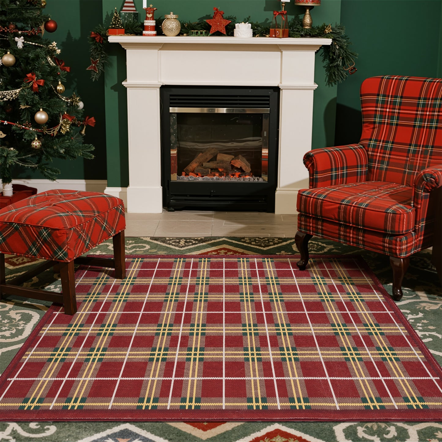 RUGKING Plaid Christmas Rug for Entryway Kitchen Holiday Rug for Porch Bathroom Christmas Classic Tartan Printed Winter Xmas Decor Washable Doormat for Bedroom Non Slip
