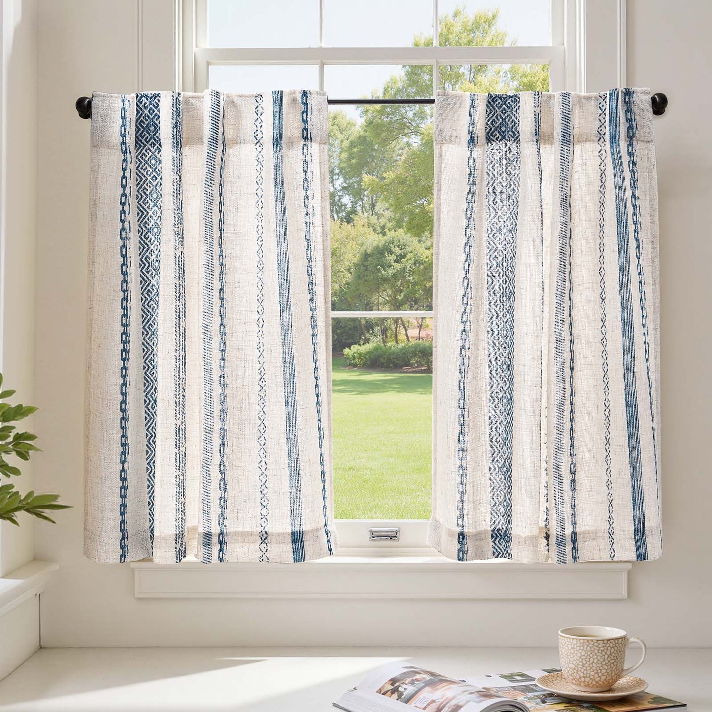 TOPICK Boho Kitchen Curtains , Geometric Pattern Bohemian Cafe Curtains with Back Tab Light Filtering, Small Window Treatment for Living Room RV, 2 Panels