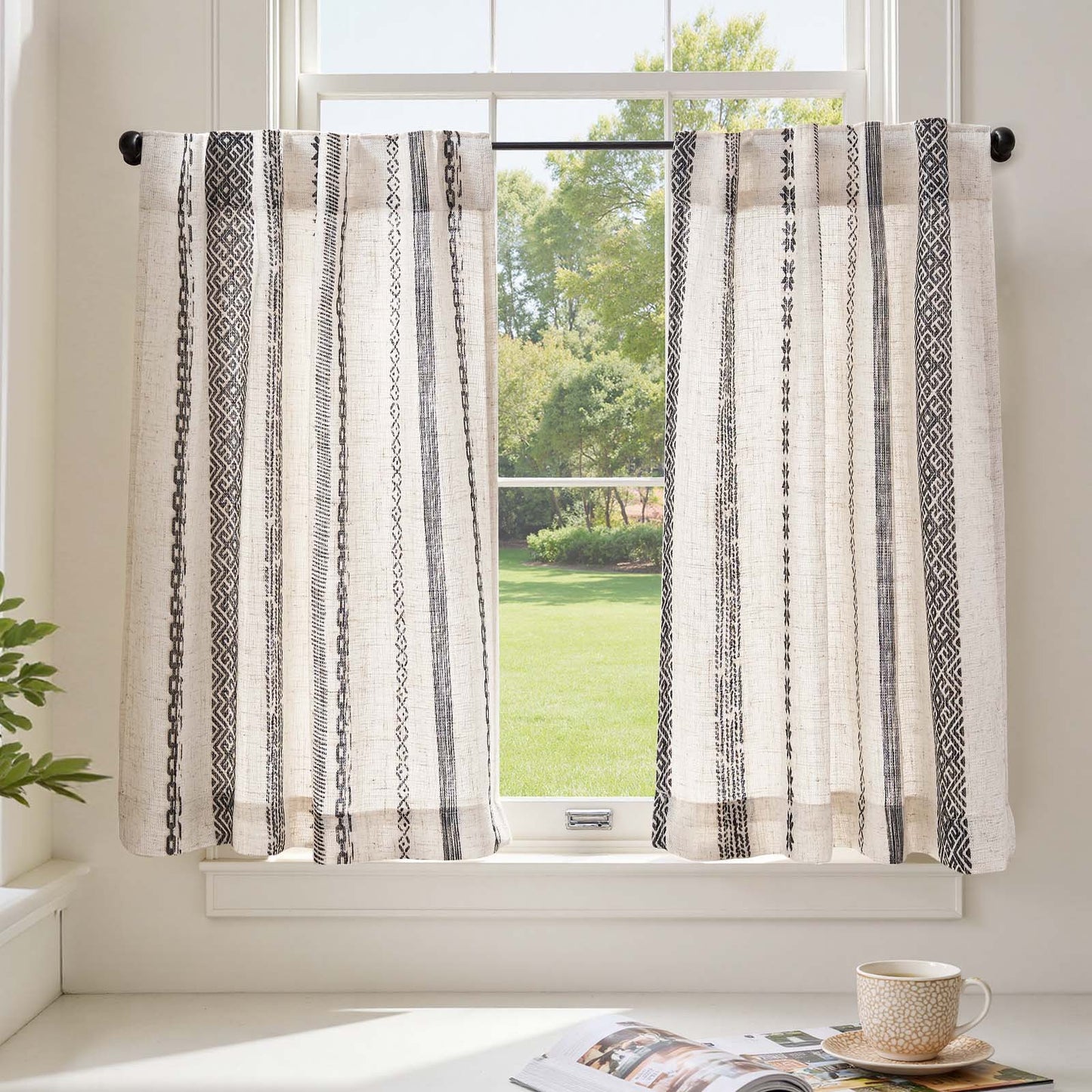 TOPICK Boho Kitchen Curtains , Geometric Pattern Bohemian Cafe Curtains with Back Tab Light Filtering, Small Window Treatment for Living Room RV, 2 Panels