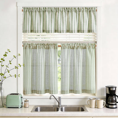 TOPICK Striped Kitchen Curtains and Valance Set Small Linen Curtains for Cafe Living Room Bathroom Farmhouse 3 Pieces Set Rod Pocket
