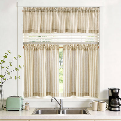 TOPICK Striped Kitchen Curtains and Valance Set Small Linen Curtains for Cafe Living Room Bathroom Farmhouse 3 Pieces Set Rod Pocket