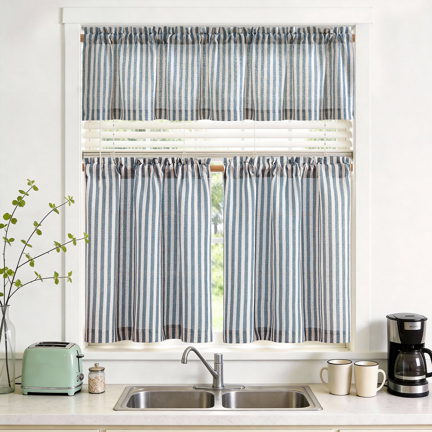 TOPICK Striped Kitchen Curtains and Valance Set Small Linen Curtains for Cafe Living Room Bathroom Farmhouse 3 Pieces Set Rod Pocket