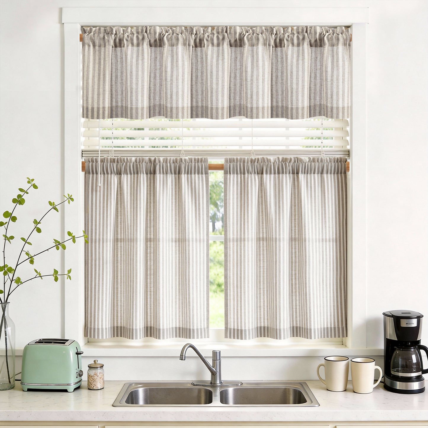 TOPICK Striped Kitchen Curtains and Valance Set Small Linen Curtains for Cafe Living Room Bathroom Farmhouse 3 Pieces Set Rod Pocket