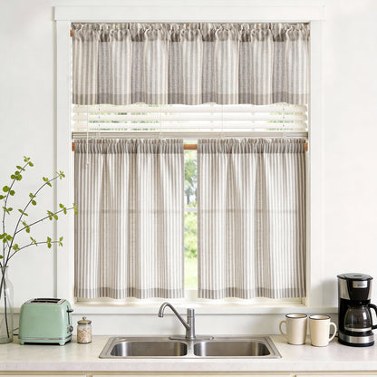 TOPICK Striped Kitchen Curtains and Valance Set Small Linen Curtains for Cafe Living Room Bathroom Farmhouse 3 Pieces Set Rod Pocket