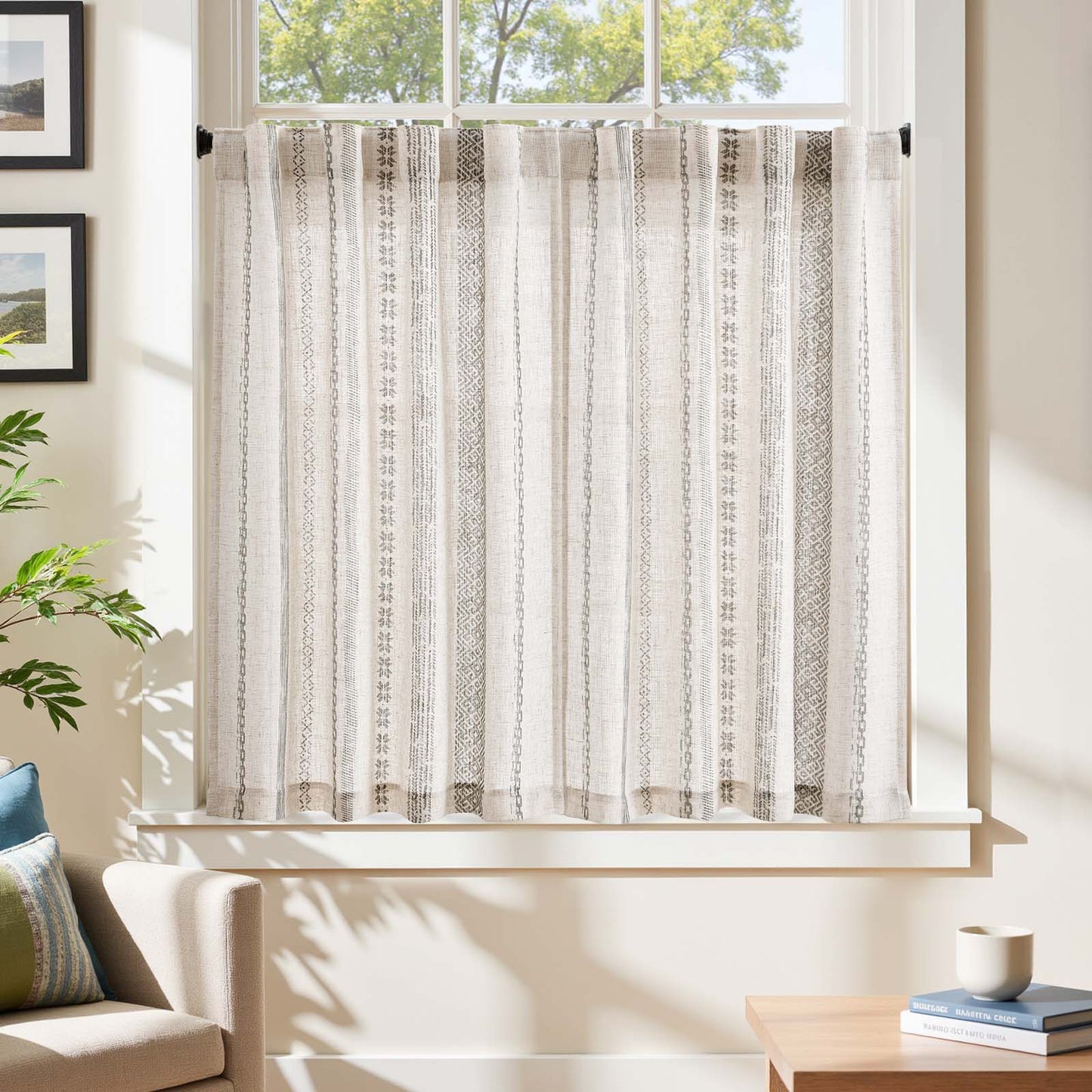 TOPICK Boho Kitchen Curtains , Geometric Pattern Bohemian Cafe Curtains with Back Tab Light Filtering, Small Window Treatment for Living Room RV, 2 Panels