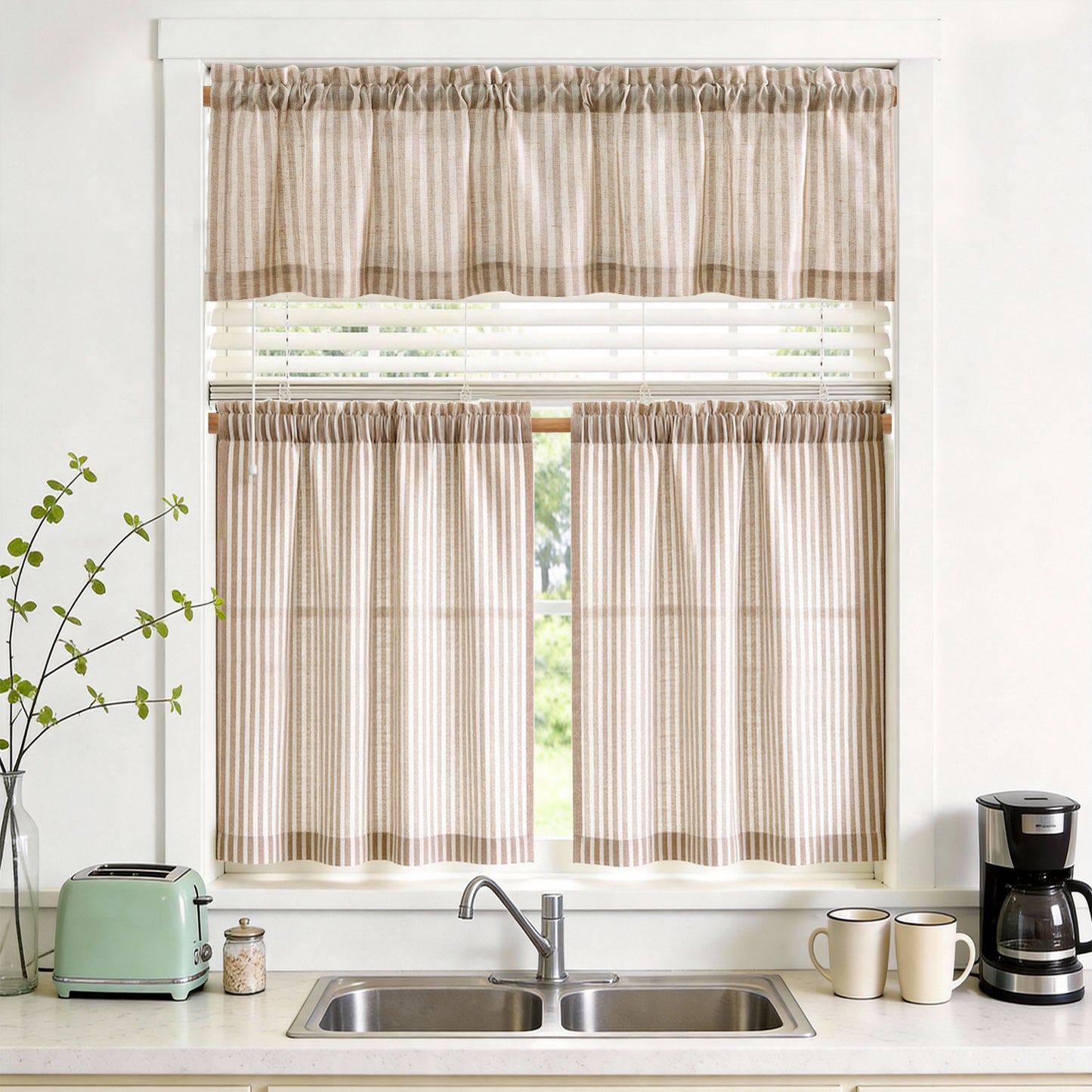 TOPICK Striped Kitchen Curtains and Valance Set Small Linen Curtains for Cafe Living Room Bathroom Farmhouse 3 Pieces Set Rod Pocket
