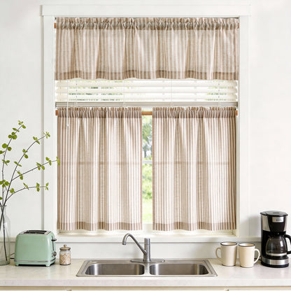 TOPICK Striped Kitchen Curtains and Valance Set Small Linen Curtains for Cafe Living Room Bathroom Farmhouse 3 Pieces Set Rod Pocket
