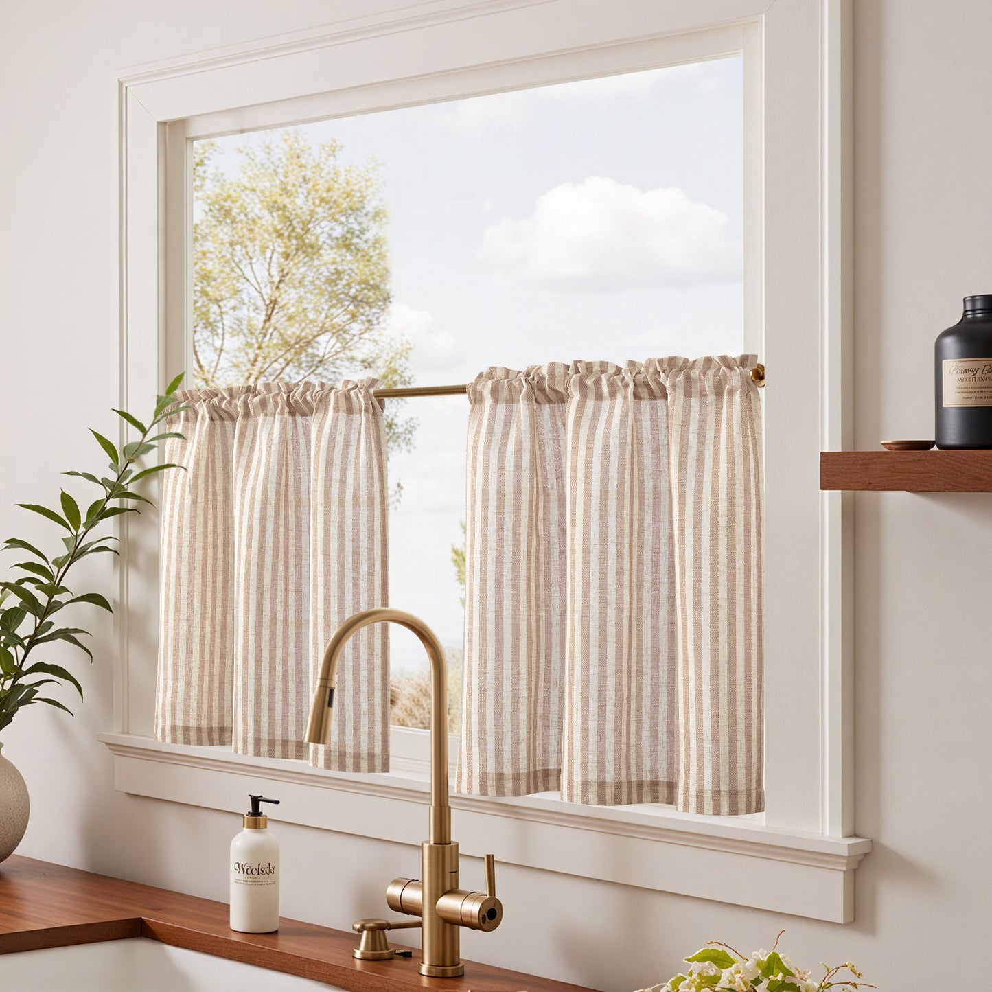Curtainking Striped Kitchen Curtain Linen Cafe Curtains Semi-Sheer Rustic Farmhouse Tier Curtains Rod Pocket 2 Panels