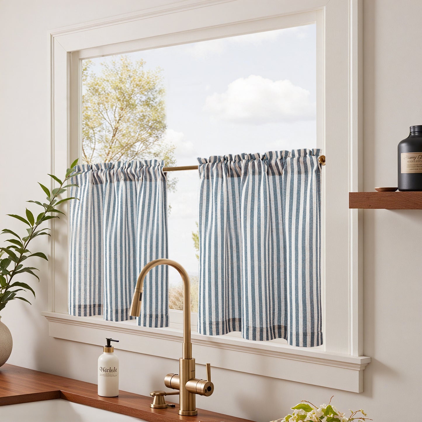 Curtainking Striped Kitchen Curtain Linen Cafe Curtains Semi-Sheer Rustic Farmhouse Tier Curtains Rod Pocket 2 Panels