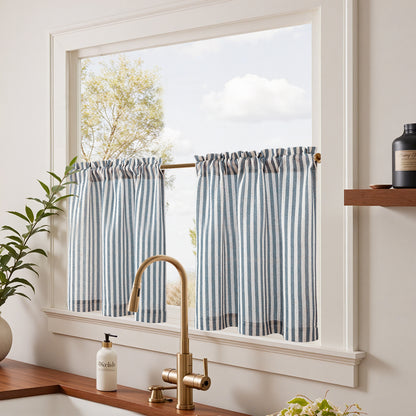 Curtainking Striped Kitchen Curtain Linen Cafe Curtains Semi-Sheer Rustic Farmhouse Tier Curtains Rod Pocket 2 Panels