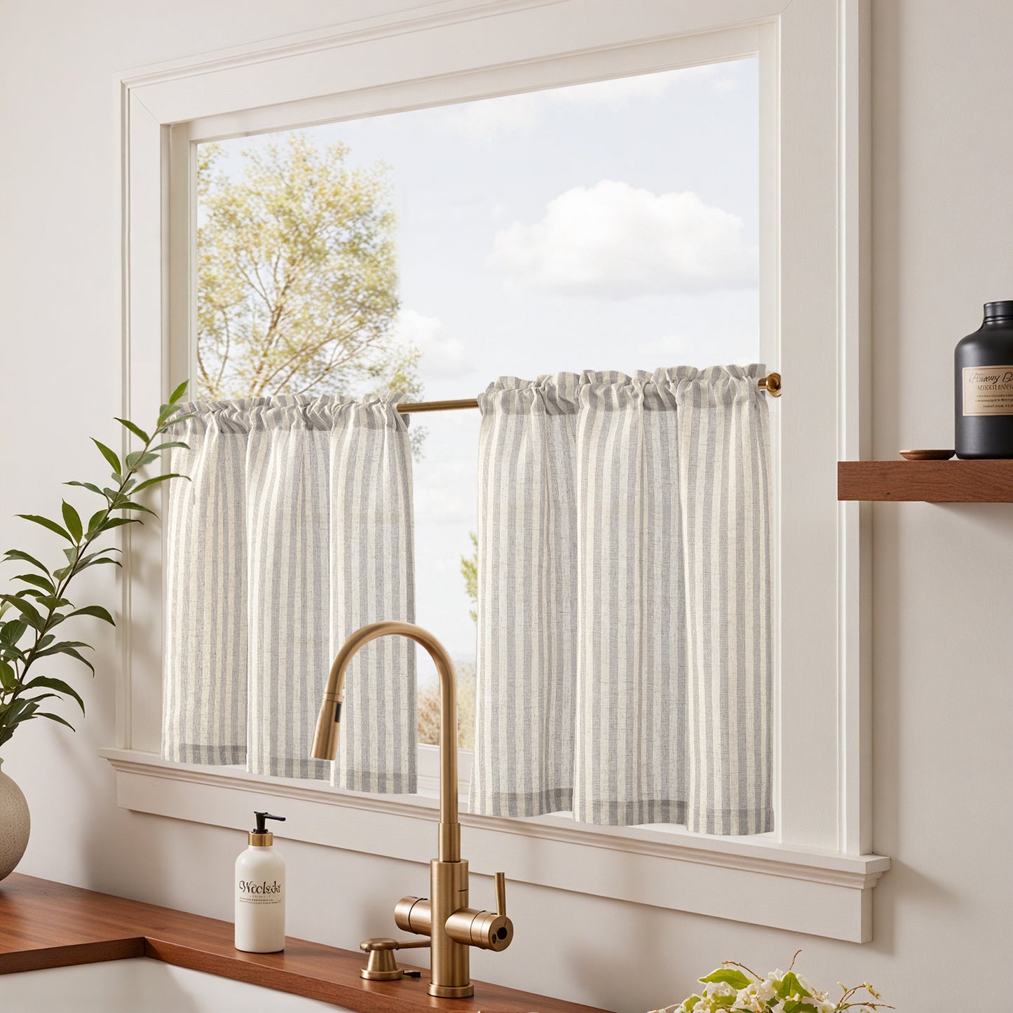 Curtainking Striped Kitchen Curtain Linen Cafe Curtains Semi-Sheer Rustic Farmhouse Tier Curtains Rod Pocket 2 Panels