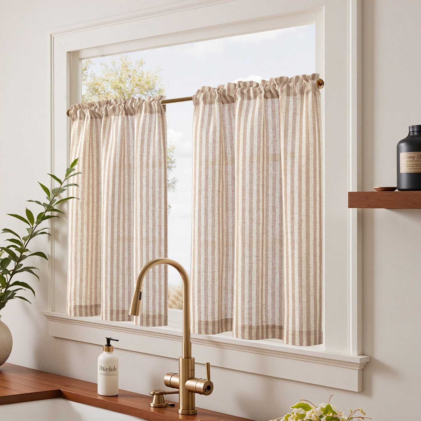Curtainking Striped Kitchen Curtain Linen Cafe Curtains Semi-Sheer Rustic Farmhouse Tier Curtains Rod Pocket 2 Panels