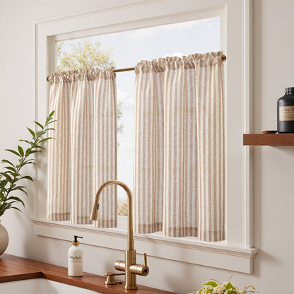 Curtainking Striped Kitchen Curtain Linen Cafe Curtains Semi-Sheer Rustic Farmhouse Tier Curtains Rod Pocket 2 Panels