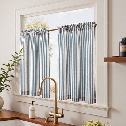 Curtainking Striped Kitchen Curtain Linen Cafe Curtains Semi-Sheer Rustic Farmhouse Tier Curtains Rod Pocket 2 Panels