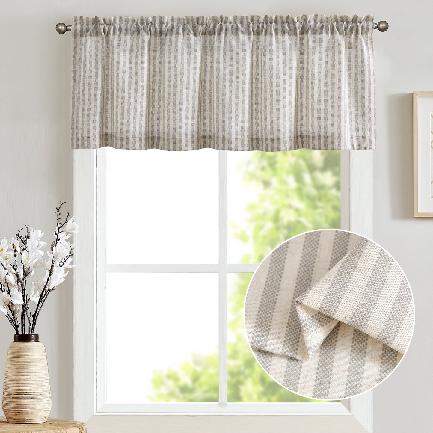 CURTAINKING Kitchen Valance Stripe Pattern Farmhouse Window Valance Linen Window Treatment for Bathroom Rod Pocket 1 Panel