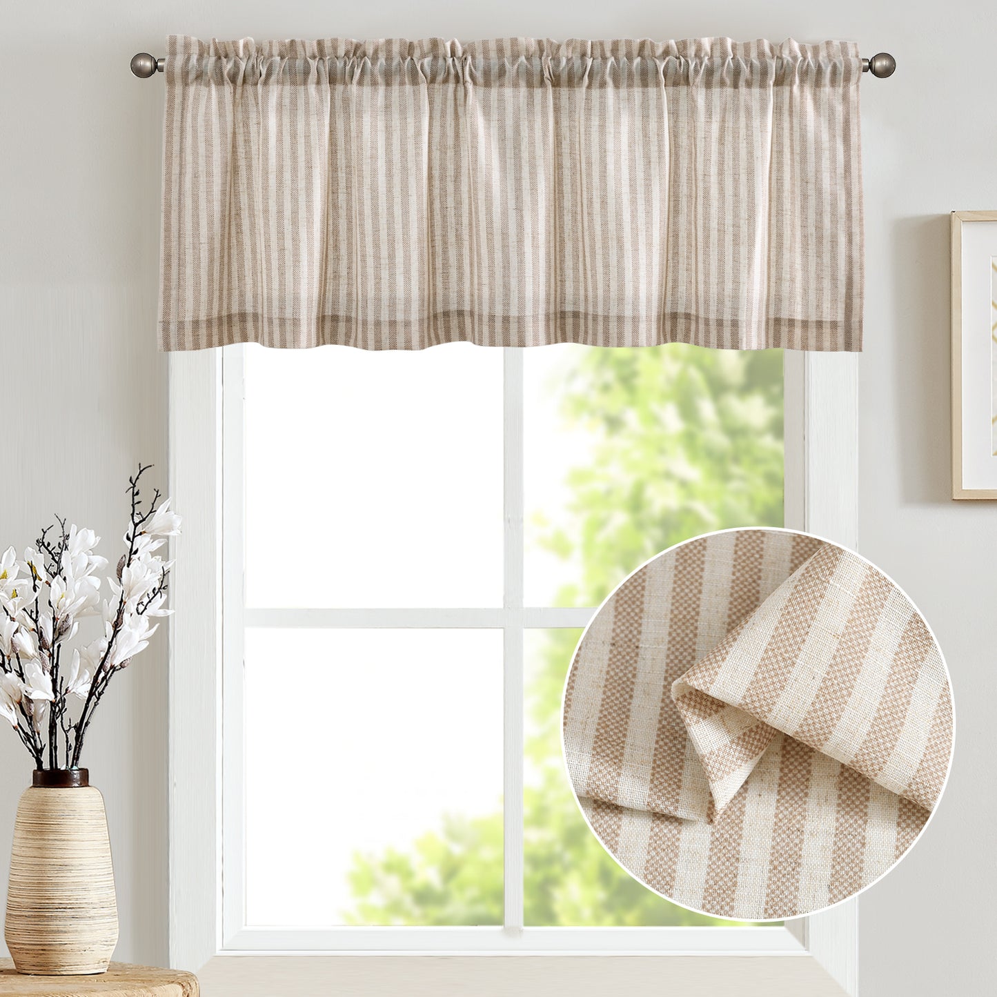 CURTAINKING Kitchen Valance Stripe Pattern Farmhouse Window Valance Linen Window Treatment for Bathroom Rod Pocket 1 Panel