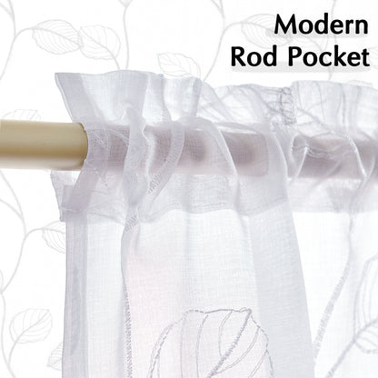 Curtainking Kitchen Curtains Leaf Embroidered Sheer Kitchen Windows Small Cafe Curtains Rod Pocket 2 Panels