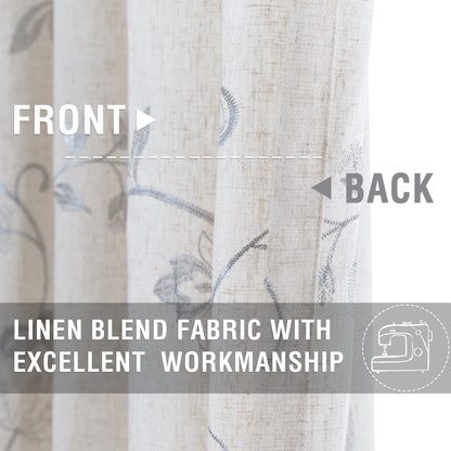 Curtainking Linen Curtains Floral Embroidery Farmhouse Light Filtering Grommet Curtain Panels 2 Pcs