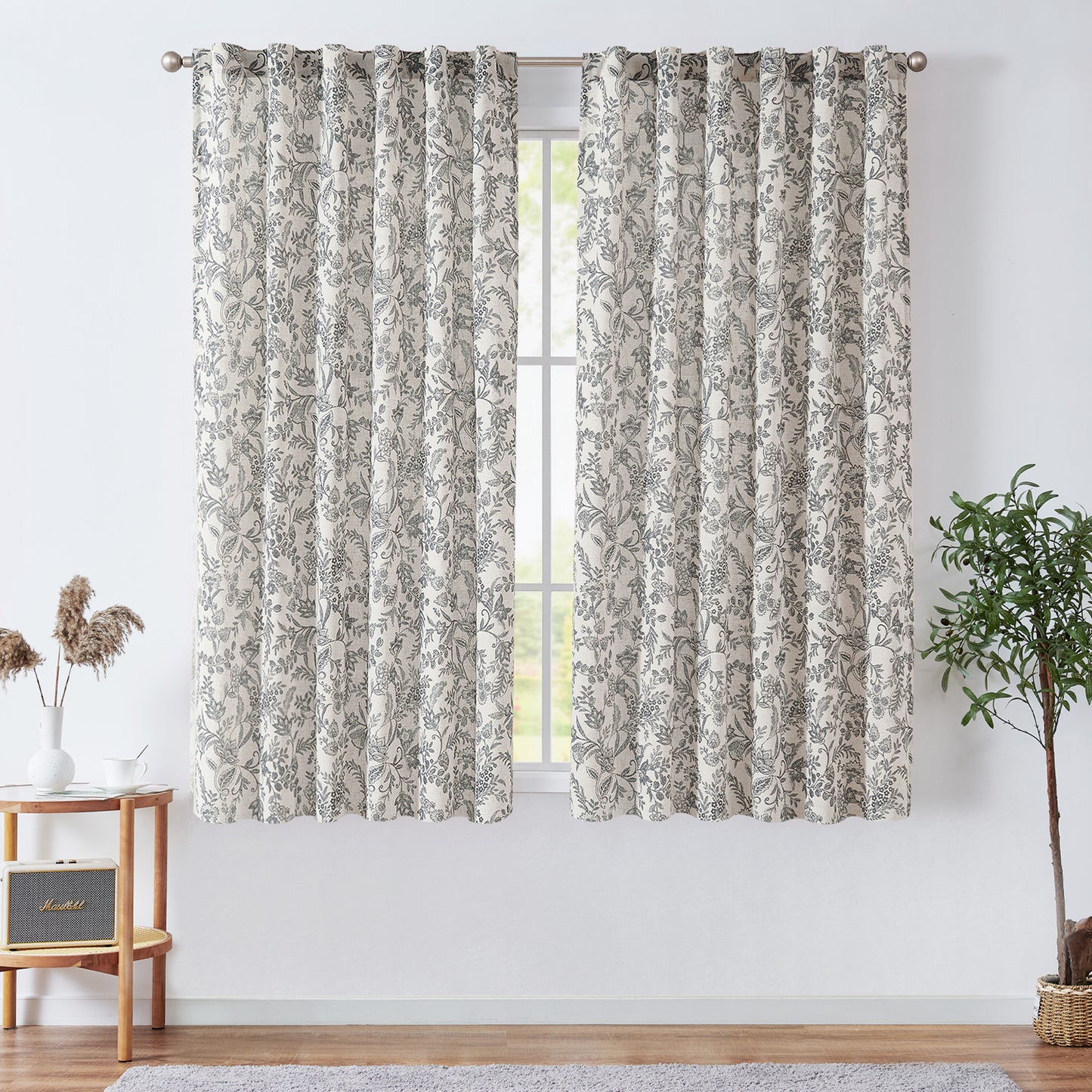 Curtainking Floral Curtains Linen Farmhouse Curtains for Living Room Country Curtains Back Tab Semi Sheer Curtains Light Filtering 2 Panels
