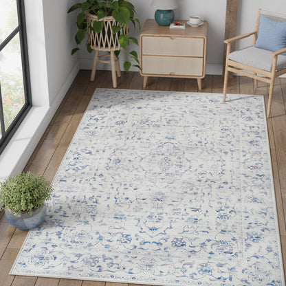 RUGKING Blue Vintage Area Rug Floral Carpet Distressed Mat, Foldable Non Slip Accent Rug for Kitchen Living Room