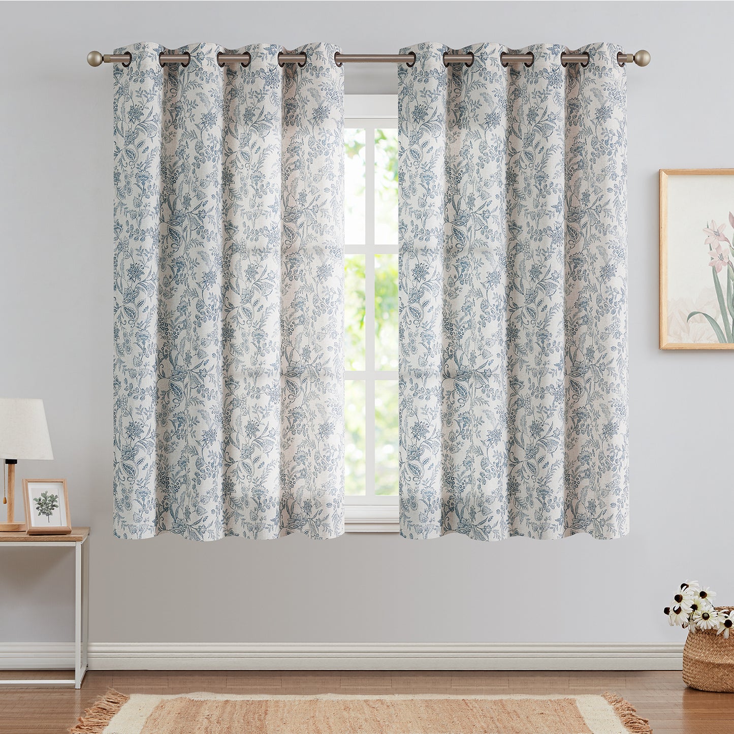 Curtainking Floral Curtains Linen Farmhouse Curtains for Living Room Country Curtains Grommet Top Semi Sheer Curtains Light Filtering 2 Panels