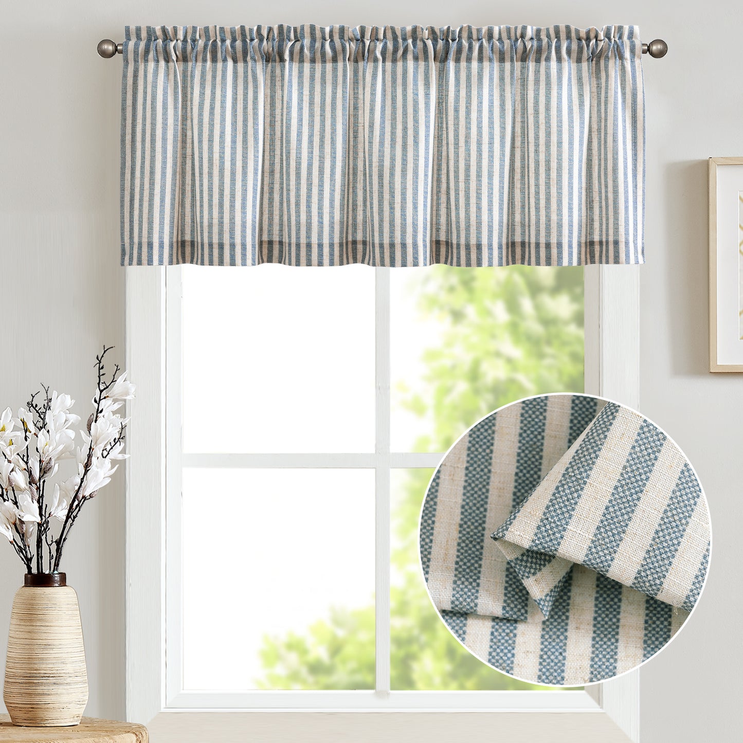 CURTAINKING Kitchen Valance Stripe Pattern Farmhouse Window Valance Linen Window Treatment for Bathroom Rod Pocket 1 Panel
