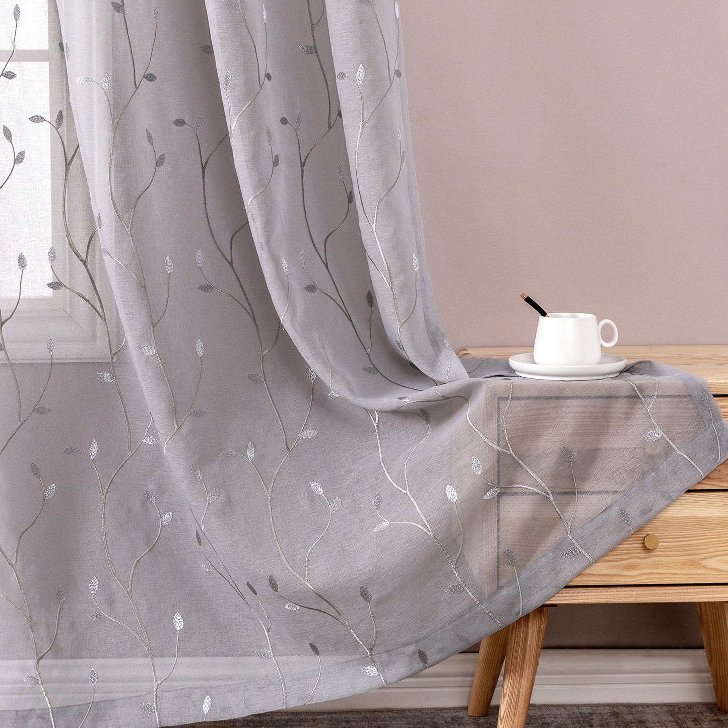 Curtainking Sheer Curtains Floral Embroidery Drapes Voile Light Filtering Window Curtain Set for Living Room Bedroom Grommet 2 Panels