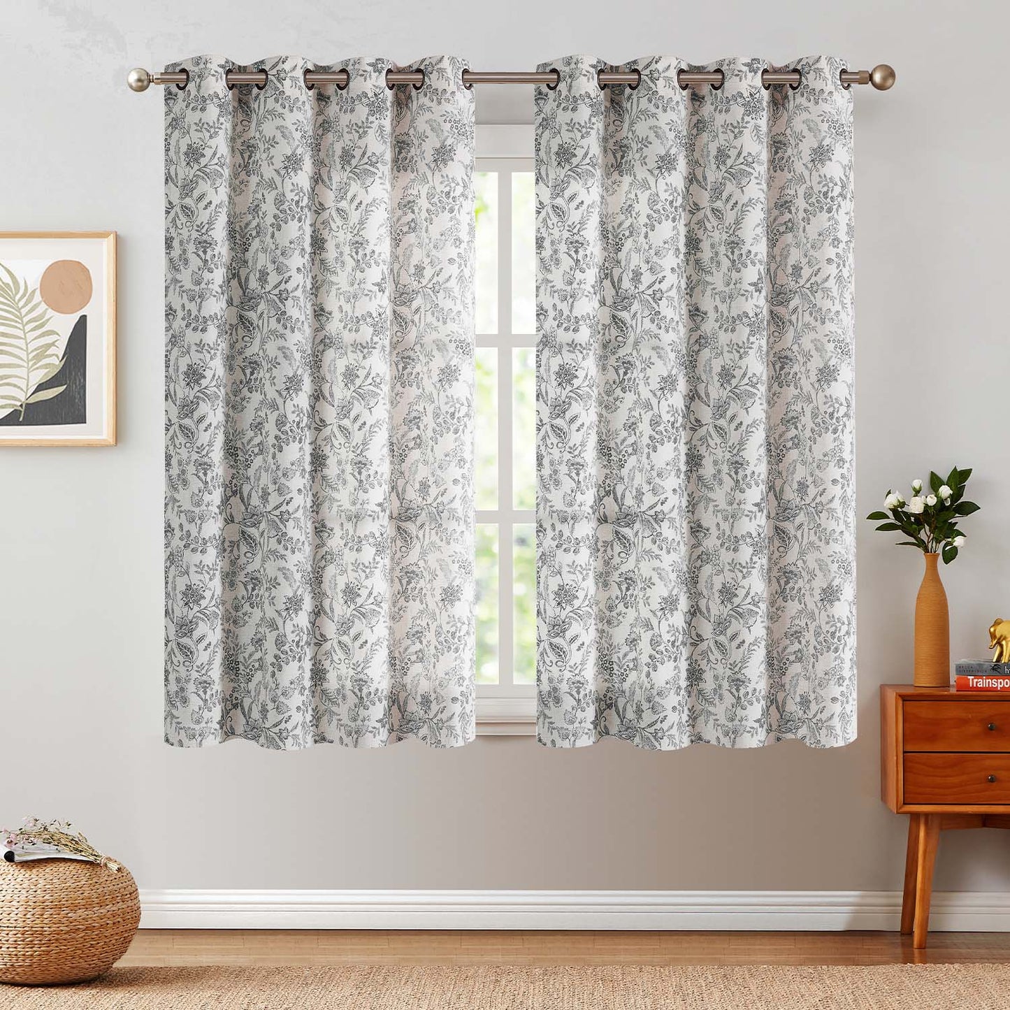 Curtainking Floral Curtains Linen Farmhouse Curtains for Living Room Country Curtains Grommet Top Semi Sheer Curtains Light Filtering 2 Panels