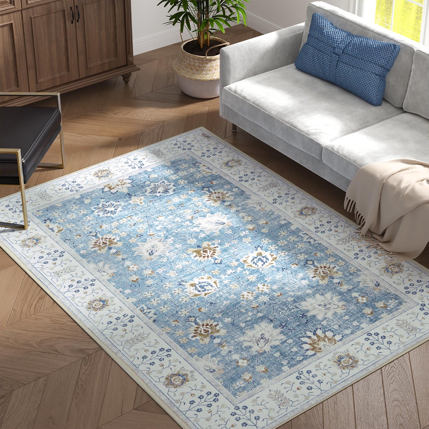 RUGKING Living Room Rug Floral Printed Blue Indoor Accent Mat with Non-slip backing Retro Persian Rugs for Bedroom Dining Room
