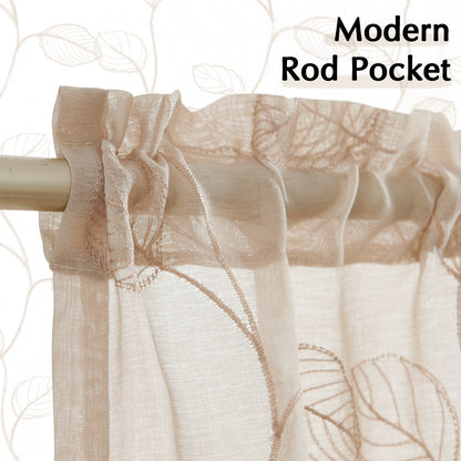 Curtainking Kitchen Curtains Leaf Embroidered Sheer Kitchen Windows Small Cafe Curtains Rod Pocket 2 Panels