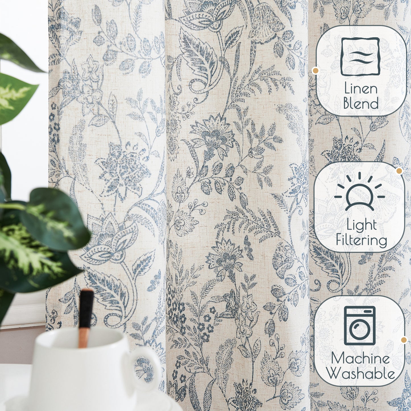 Curtainking Floral Curtains Linen Farmhouse Curtains for Living Room Country Curtains Back Tab Semi Sheer Curtains Light Filtering 2 Panels