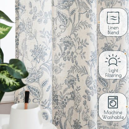 Curtainking Floral Curtains Linen Farmhouse Curtains for Living Room Country Curtains Back Tab Semi Sheer Curtains Light Filtering 2 Panels