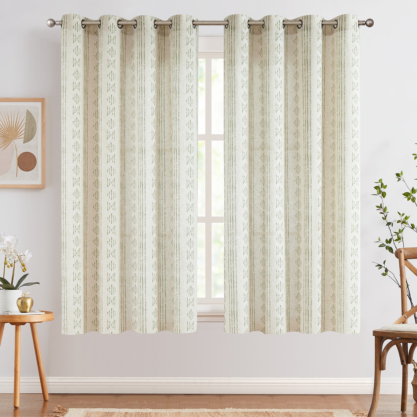 Curtainking Linen Blend Curtains Light Filtering Geometric Striped Boho Farmhouse Grommet Curtains for Living Room Pack of 2