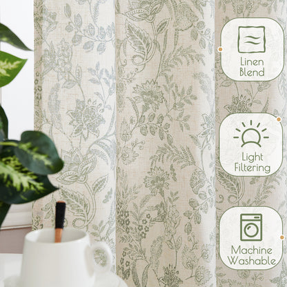 Curtainking Floral Curtains Linen Farmhouse Curtains for Living Room Country Curtains Back Tab Semi Sheer Curtains Light Filtering 2 Panels