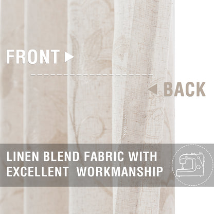 Curtainking Linen Curtains Floral Embroidery Farmhouse Light Filtering Grommet Curtain Panels 2 Pcs