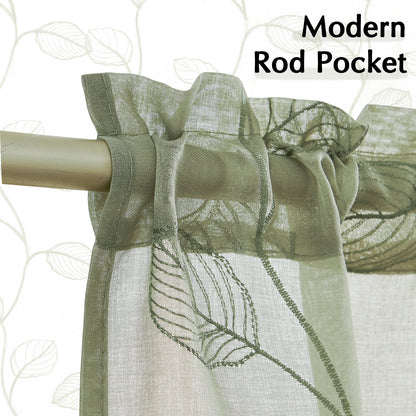 Curtainking Kitchen Curtains Leaf Embroidered Sheer Kitchen Windows Small Cafe Curtains Rod Pocket 2 Panels