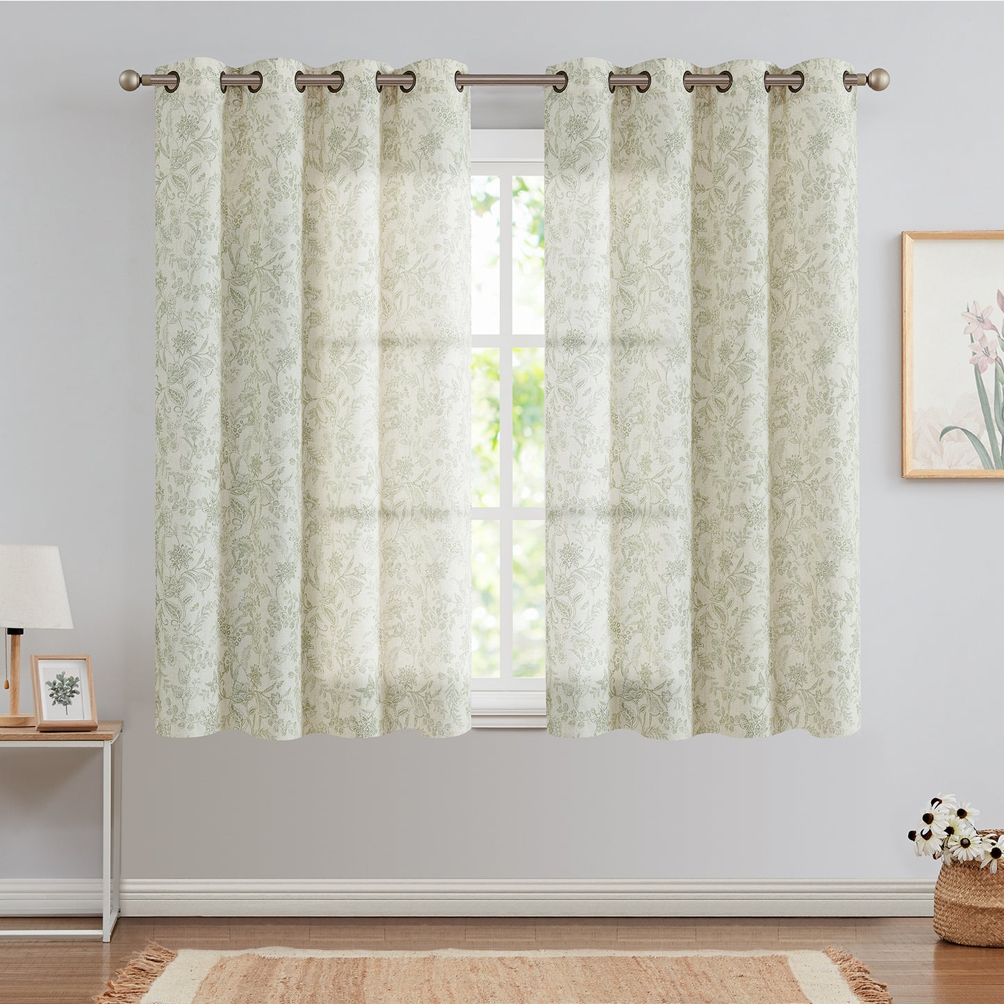 Curtainking Floral Curtains Linen Farmhouse Curtains for Living Room Country Curtains Grommet Top Semi Sheer Curtains Light Filtering 2 Panels