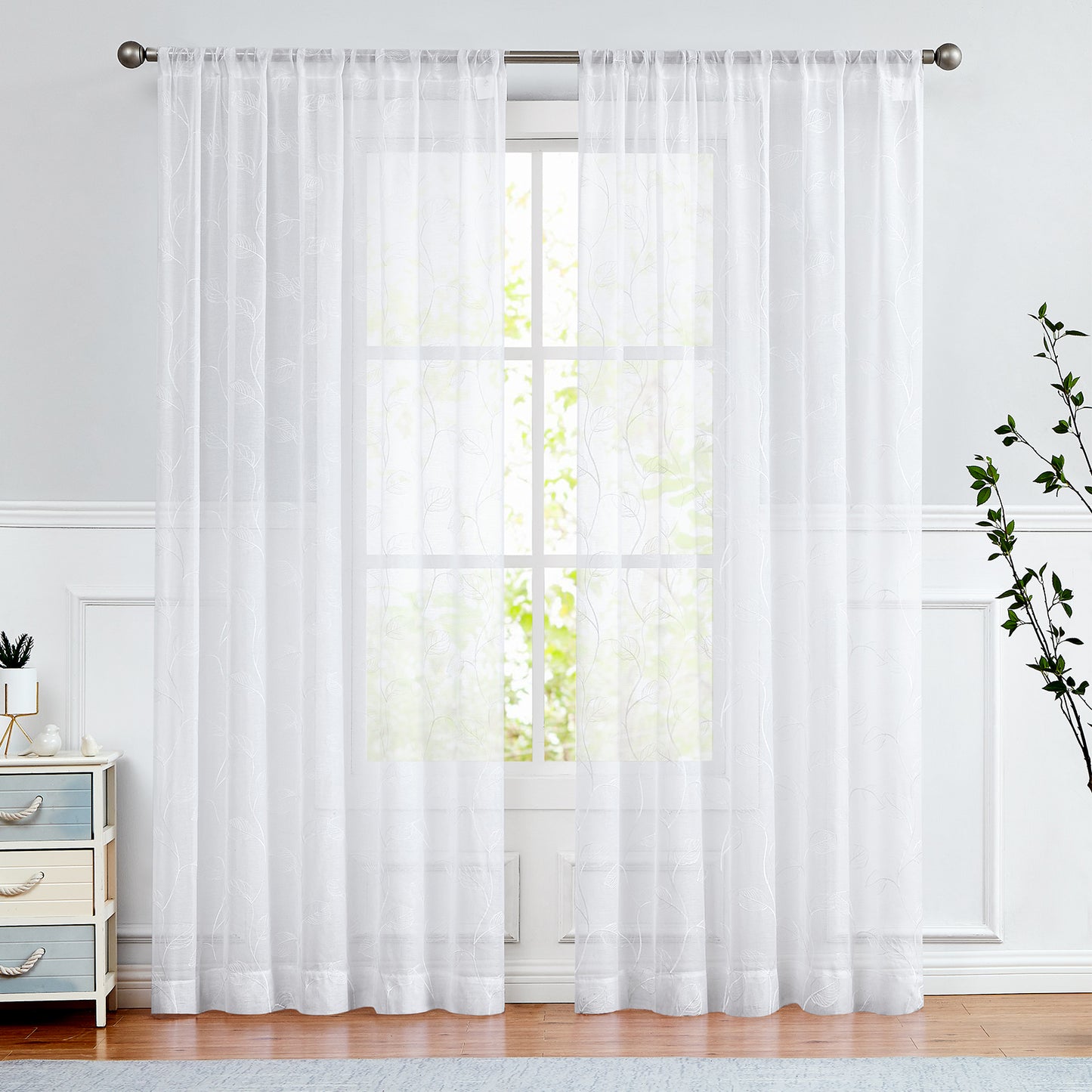 Curtainking White Sheer Curtains for Living Room Embroidered Leaf Window Curtains light Filtering Drapes Rod Pocket 2 Panels